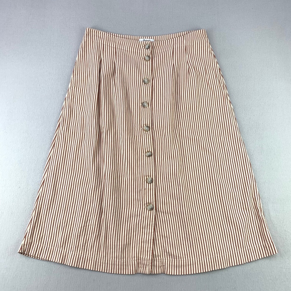 Madewell Button-Front Midi Skirt Women 14 Brown Striped Cotton Blend Pocket